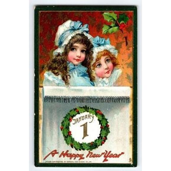 Vintage Raphael Tuck New Year Postcard Jan 1 Lithograph 1907-1915 Girls Ser 601 - Picture 1 of 2